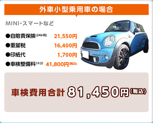 外車小型乗用車の場合 自賠責保険 重量税 印刷代 車検整備料 車検費用合計 81450円