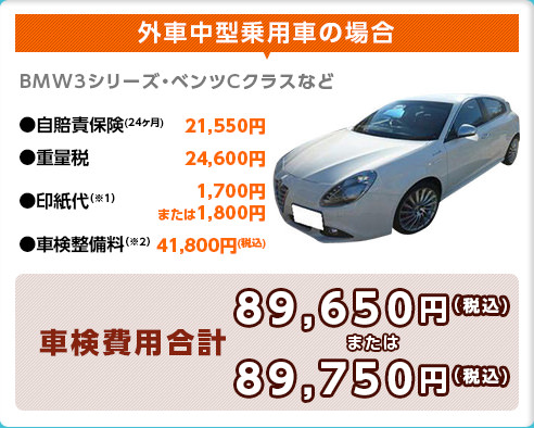 外車中型乗用車の場合 自賠責保険 重量税 印刷代 車検整備料 車検費用合計 89650円または89750円