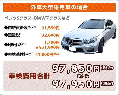 外車大型乗用車の場合 自賠責保険 重量税 印刷代 車検整備料 車検費用合計 97850円または97950円