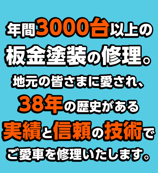 年間2000台以上の板金塗装の修理。地元の皆さまに愛され、35年の歴史がある実績と信頼の技術でご愛車を修理いたします